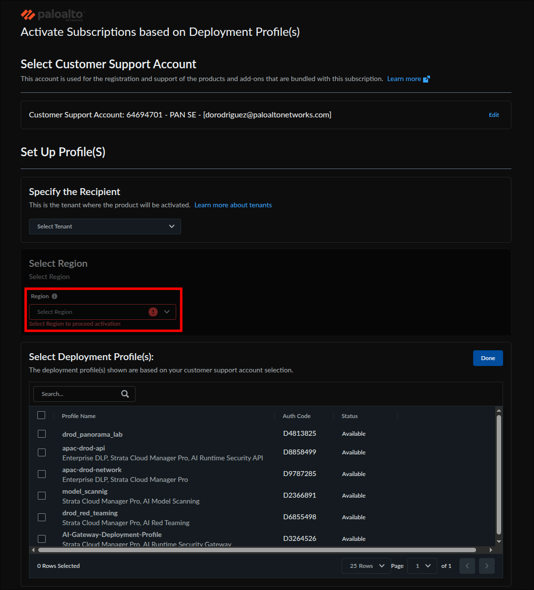 Activation form with the Region dropdown highlighted showing a Select Region to proceed activation prompt, and the deployment profile table listing profiles with auth codes and status
