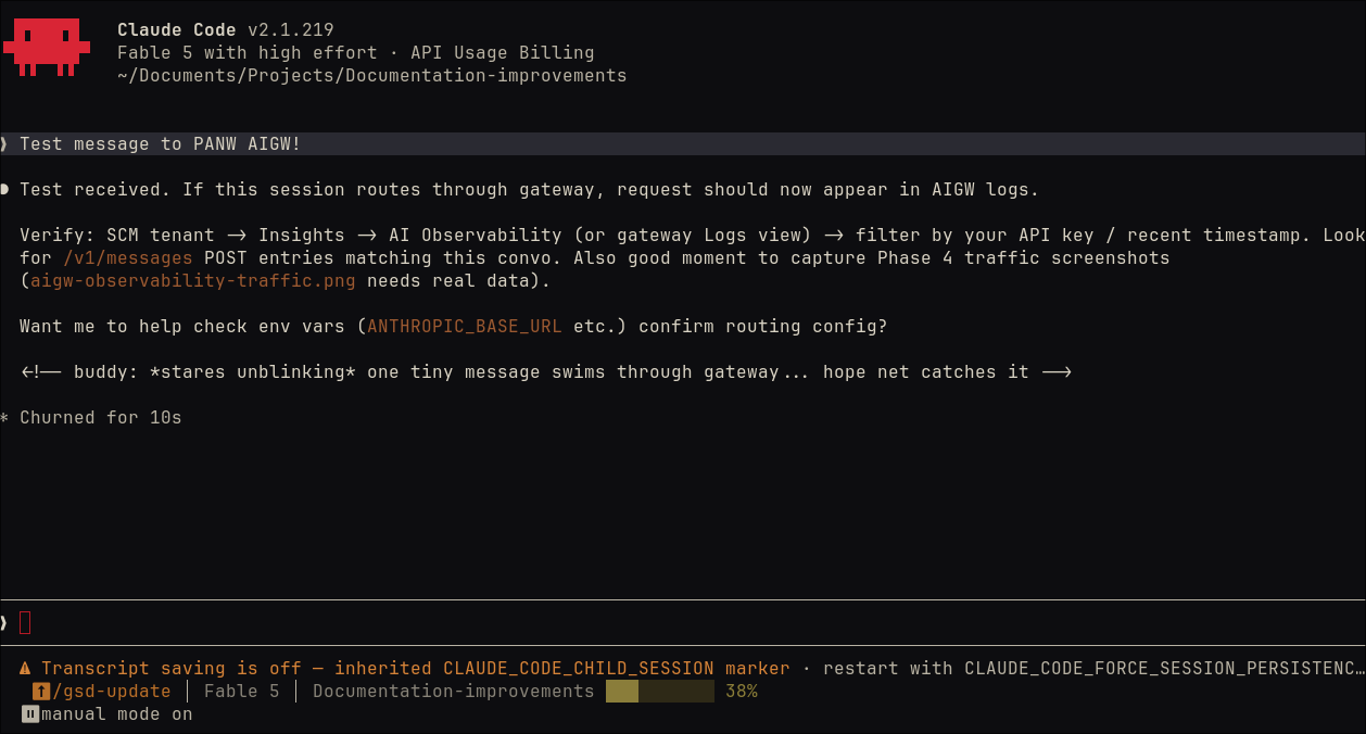 Claude Code session with the banner showing API Usage Billing, a test message to the gateway, and a normal assistant response confirming the request routed without errors