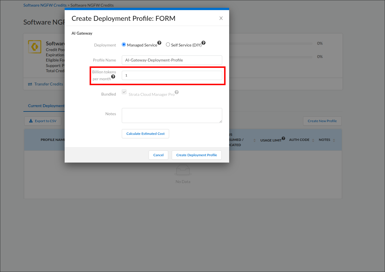 Create Deployment Profile FORM dialog with the Billion tokens per month field highlighted