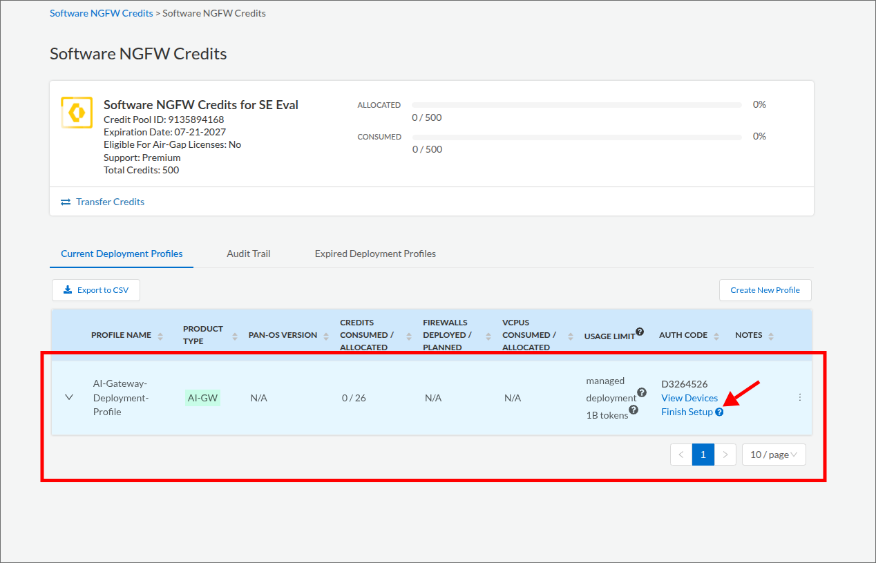 Current Deployment Profiles table showing the new AI-GW profile row with credits allocated, usage limit, auth code, and the Finish Setup link indicated by an arrow