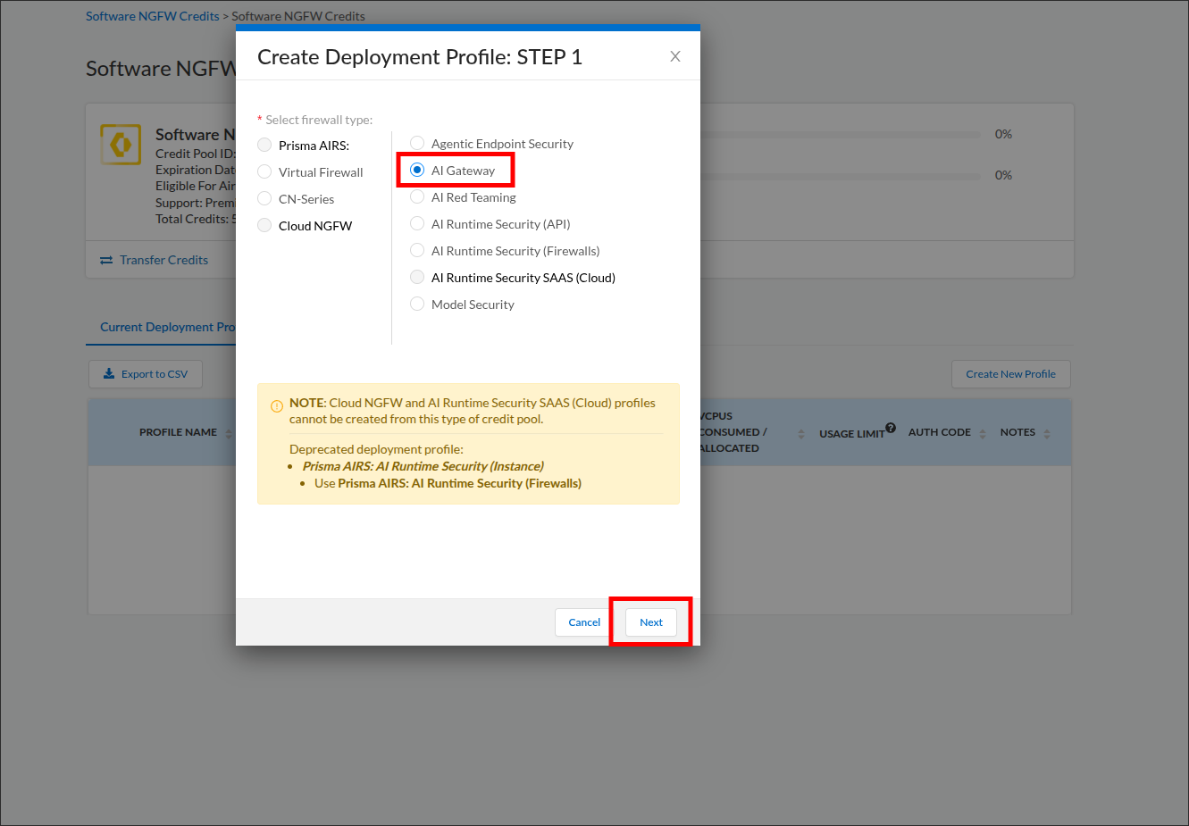Create Deployment Profile STEP 1 dialog with AI Gateway selected under the Prisma AIRS column and the Next button highlighted