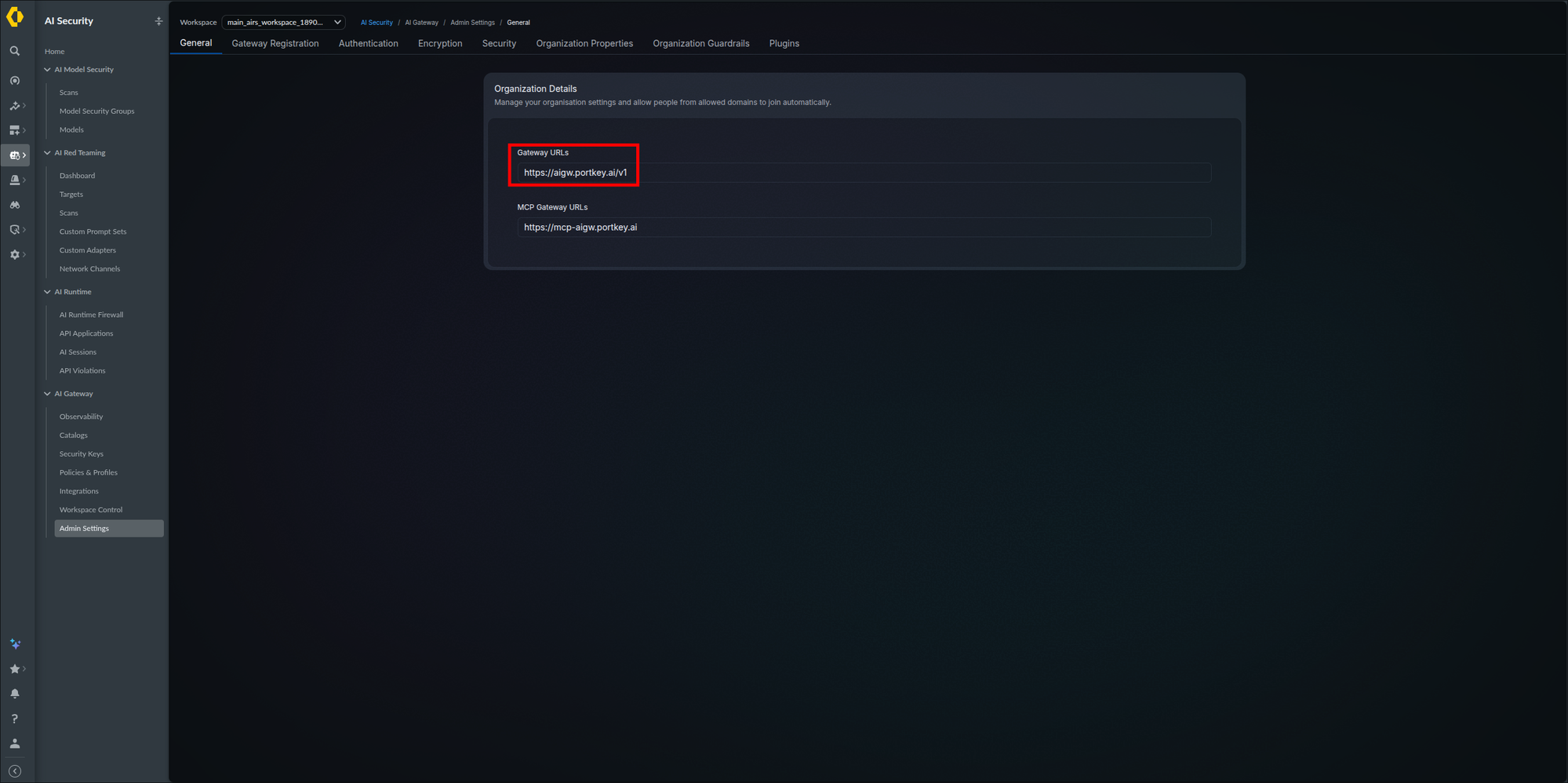 Admin Settings General tab showing the Organization Details panel with the Gateway URLs field highlighted containing https://aigw.portkey.ai/v1 and an MCP Gateway URLs field containing https://mcp-aigw.portkey.ai
