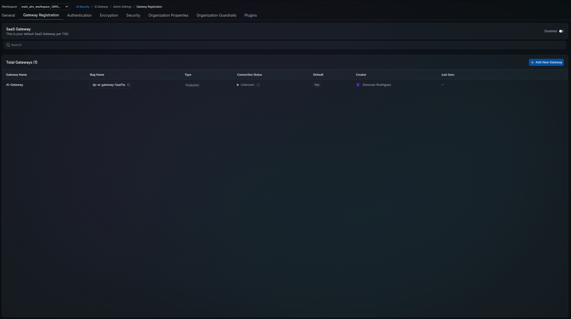 Gateway Registration tab listing one gateway named AI-Gateway with a copyable slug, type Production, Connection Status reading Unknown, Default set to Yes, and Last Sync showing two dashes