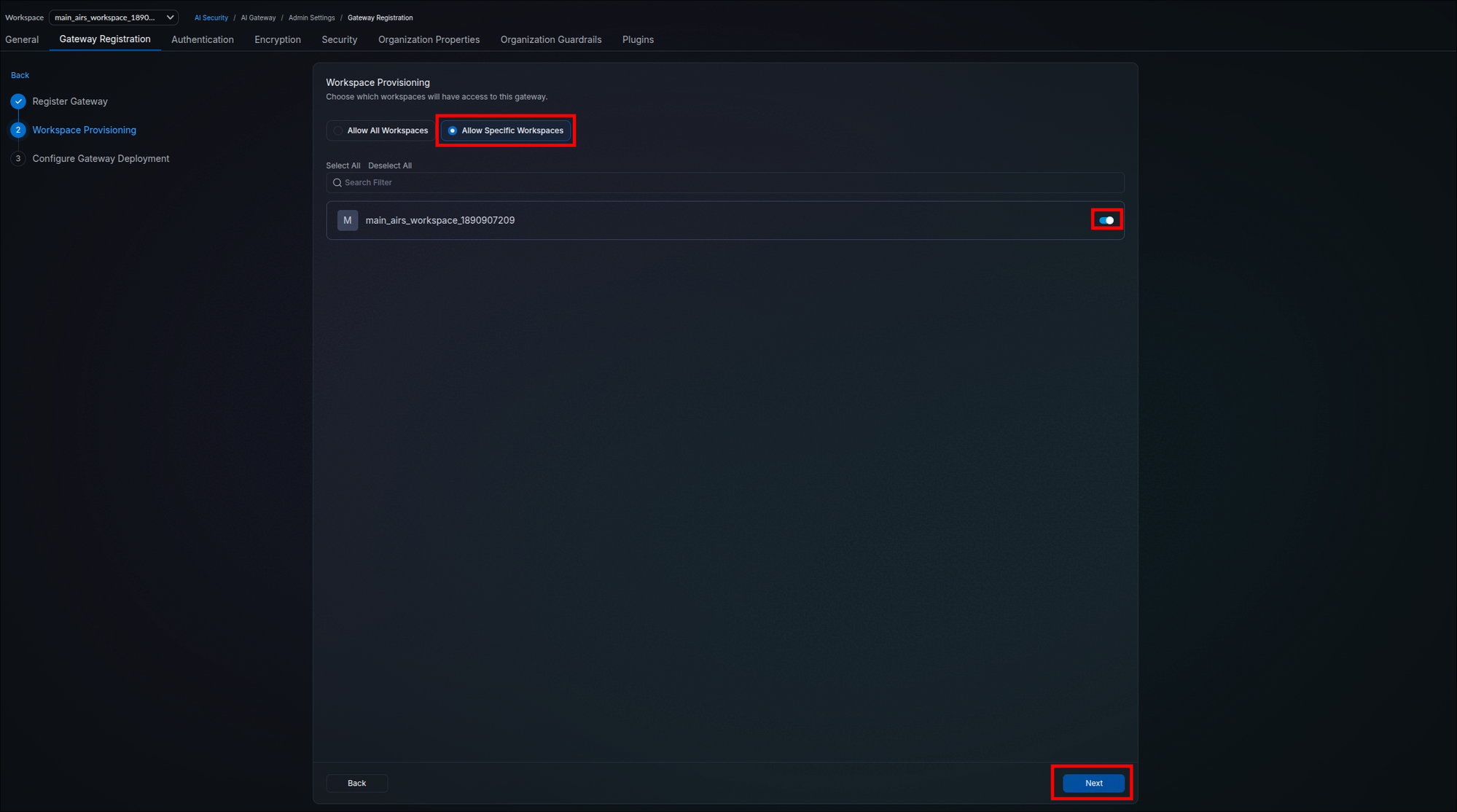 Workspace Provisioning stage with Allow Specific Workspaces selected, showing a workspace row with its access toggle switched on and the Next button highlighted