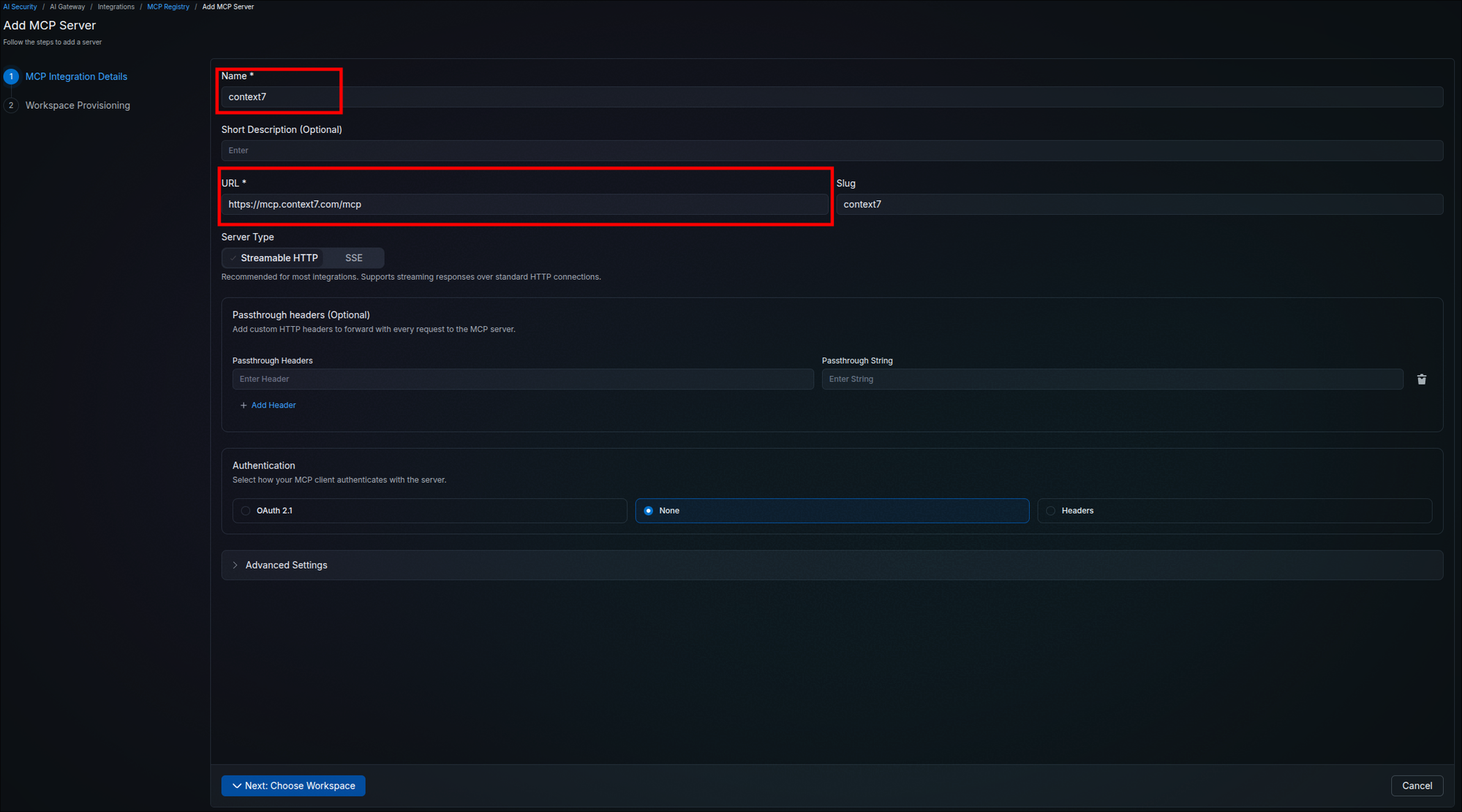 Add MCP Server wizard on the MCP Integration Details stage, with Name set to context7 and URL set to the Context7 MCP endpoint, Server Type on Streamable HTTP, empty Passthrough headers, Authentication set to None, and Advanced Settings collapsed