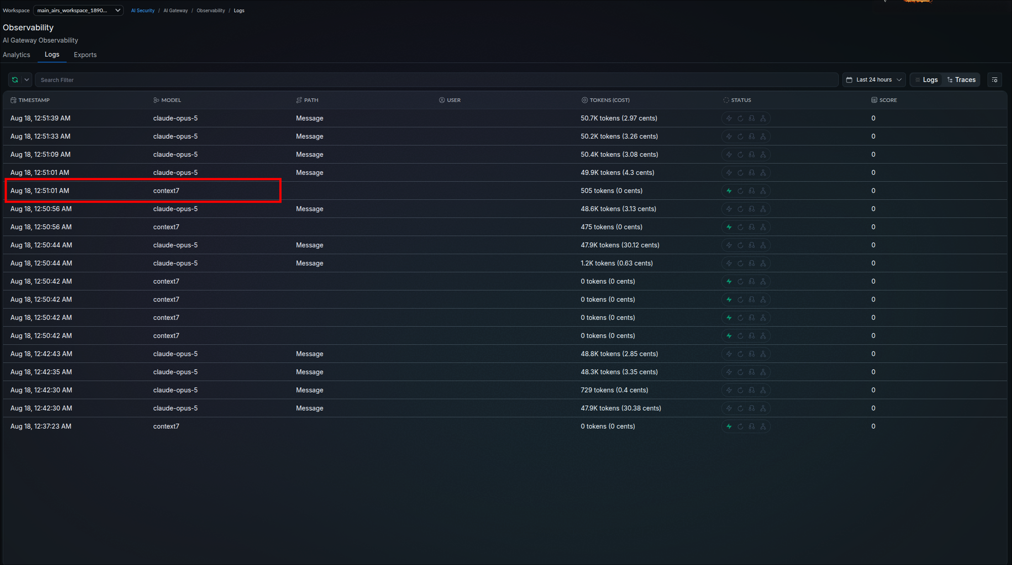 Observability Logs tab showing MCP tool call rows identified by the context7 slug in the Model column, interleaved with LLM request rows, each with timestamps, token counts, and status indicators