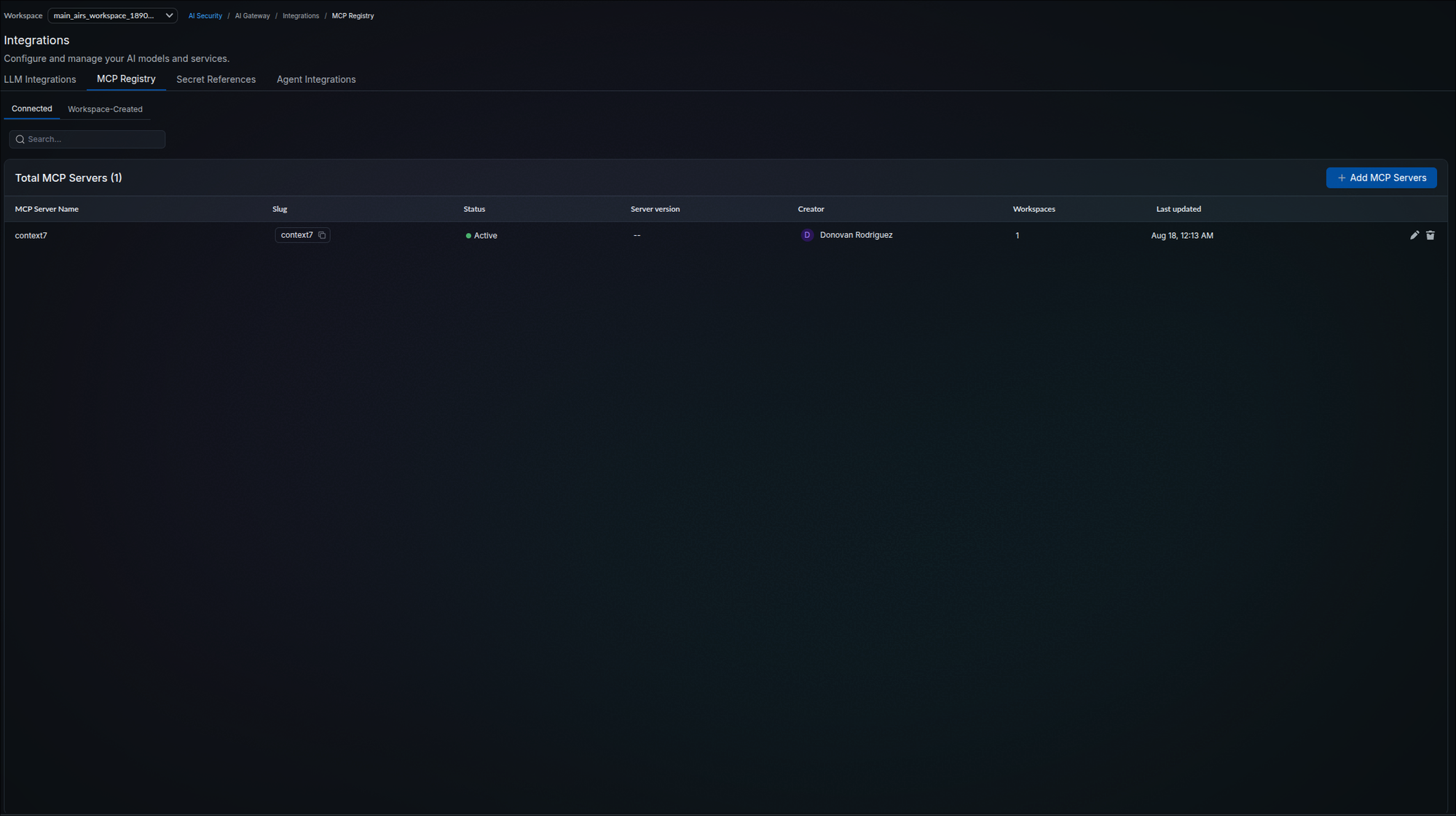 MCP Registry list showing one registered server named context7 with Active status, its slug, creator, a workspace count of 1, and a last updated timestamp