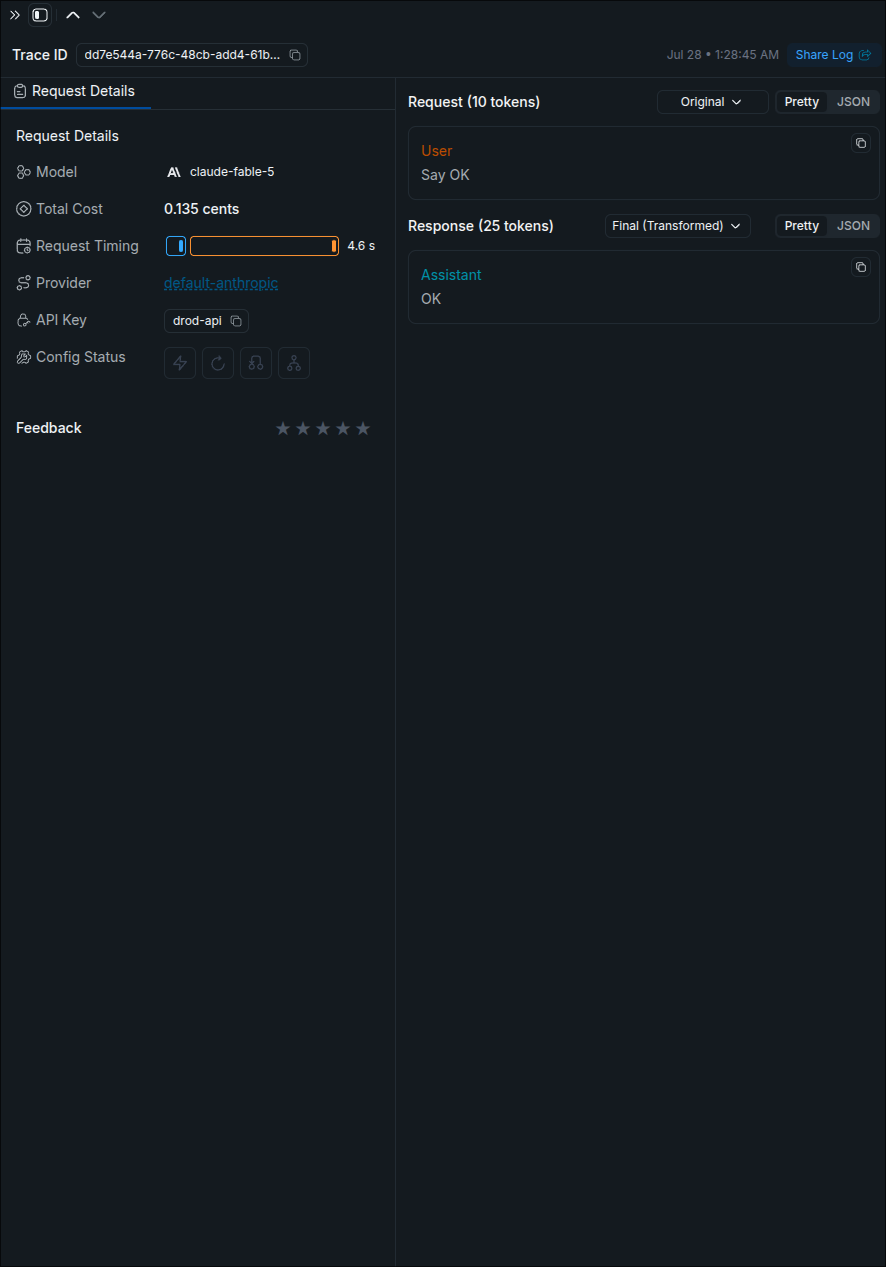 Prompt log trace detail showing a Trace ID, Request Details with model claude-fable-5, total cost in cents, request timing, the default-anthropic provider, and the drod-api key, alongside the full Request and Response context windows with token counts and Pretty or JSON views