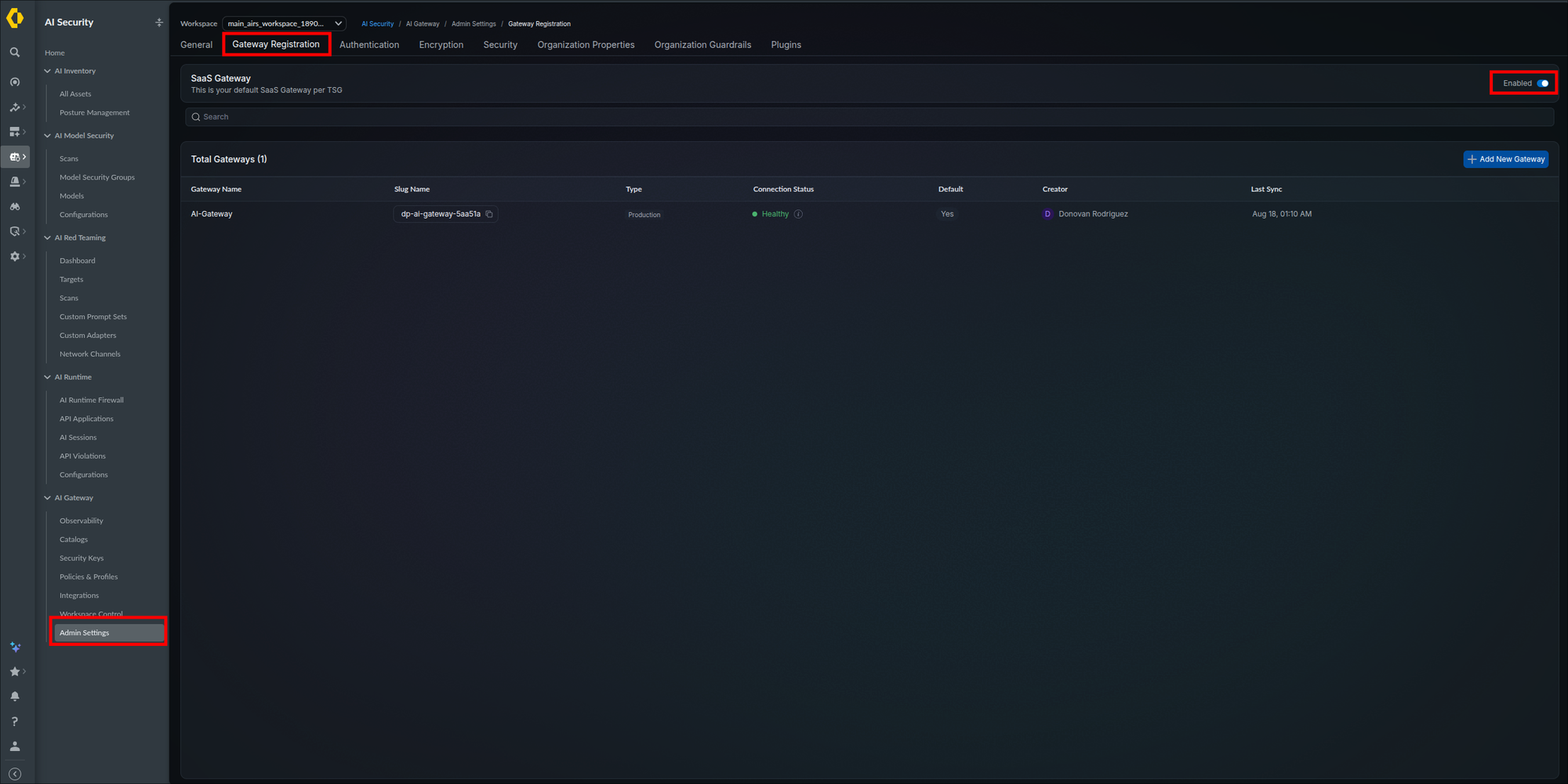 Admin Settings page on the Gateway Registration tab with the SaaS Gateway banner's Enabled toggle highlighted, above the Total Gateways list