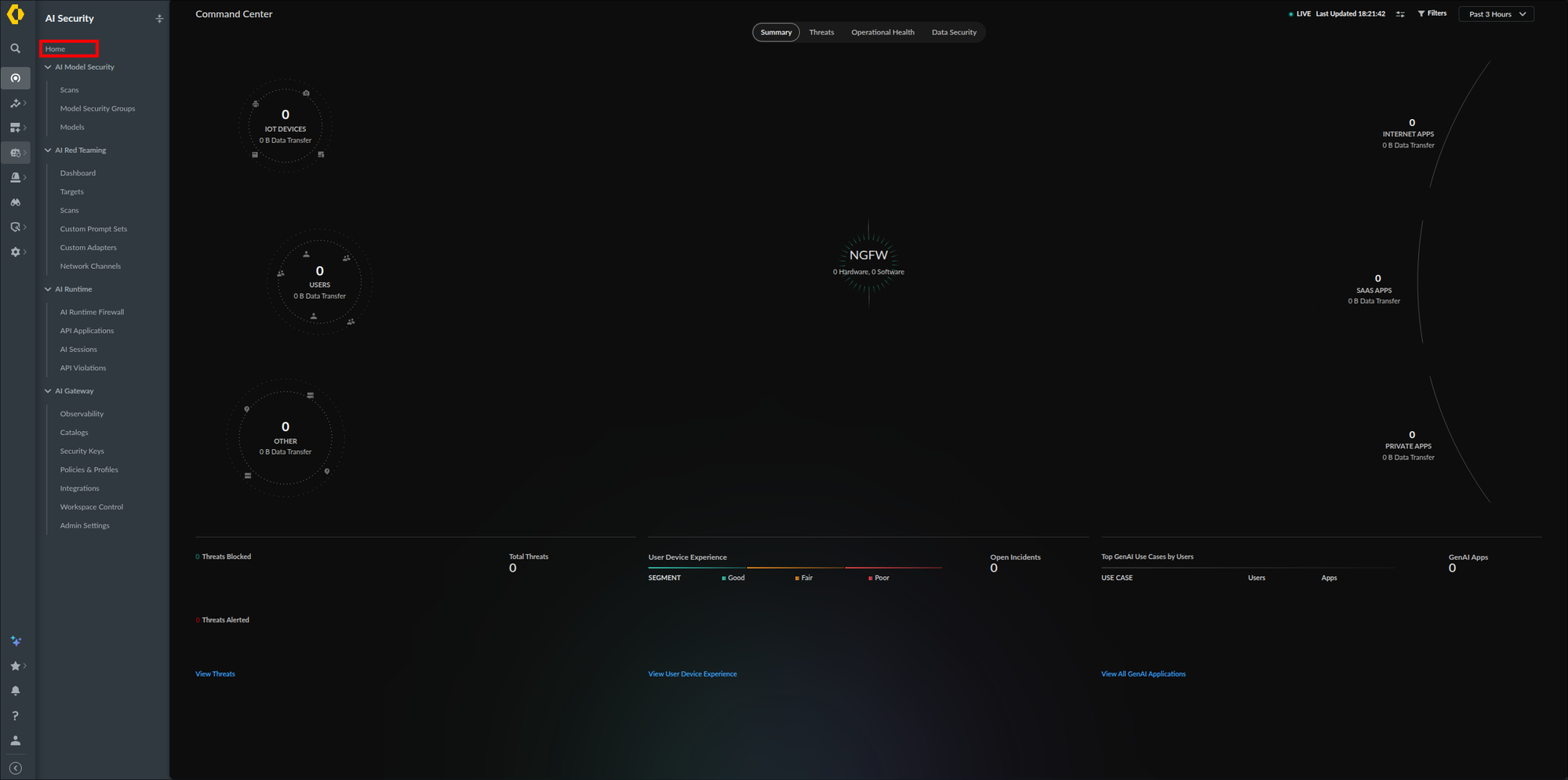 Expanded AI Security menu in Strata Cloud Manager with Home highlighted, showing AI Model Security, AI Red Teaming, AI Runtime, and AI Gateway sections with their subpages