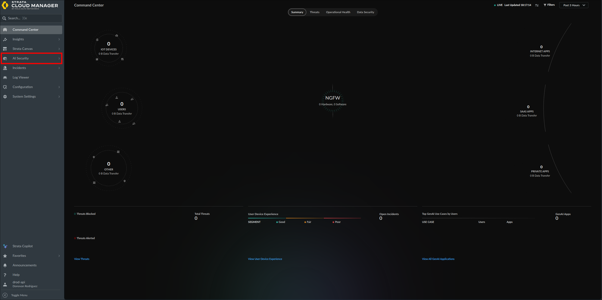 Strata Cloud Manager Command Center with the AI Security entry highlighted in the left navigation