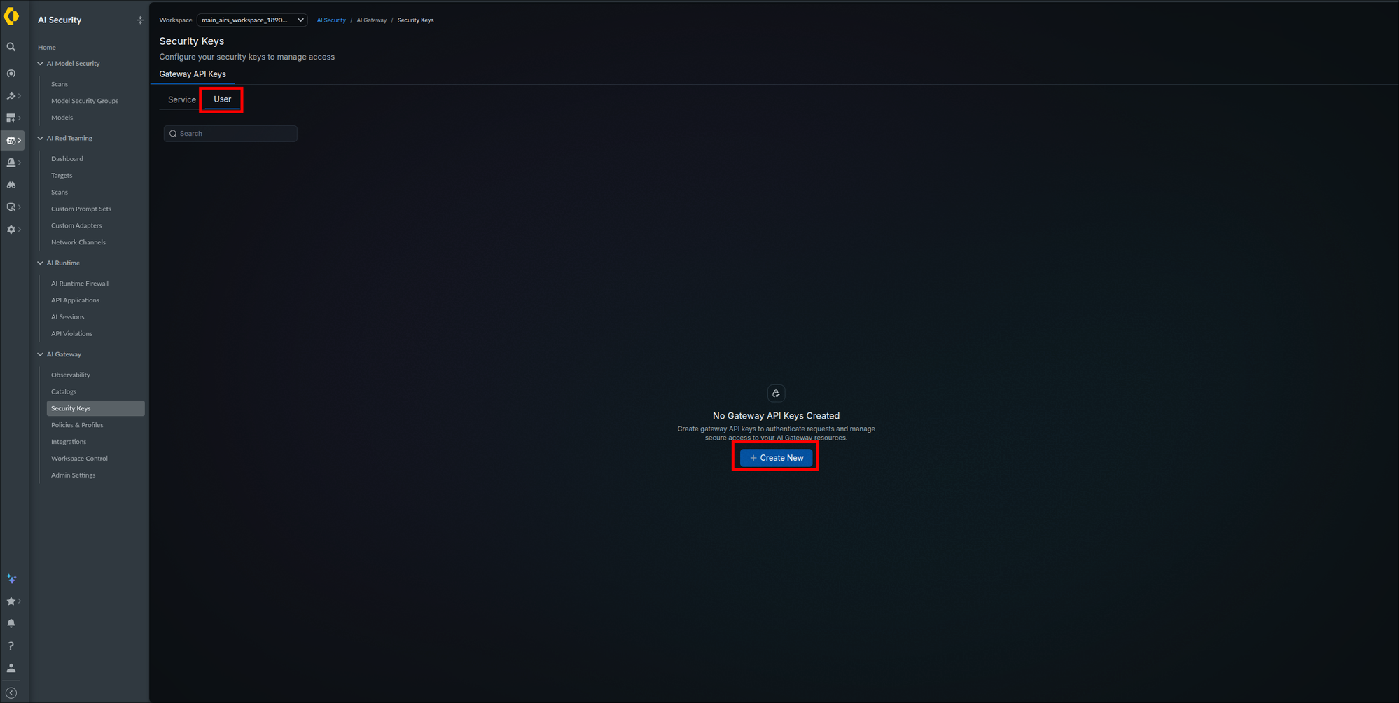 Security Keys page on the Gateway API Keys view with the User tab and the Create New button highlighted, showing the No Gateway API Keys Created empty state