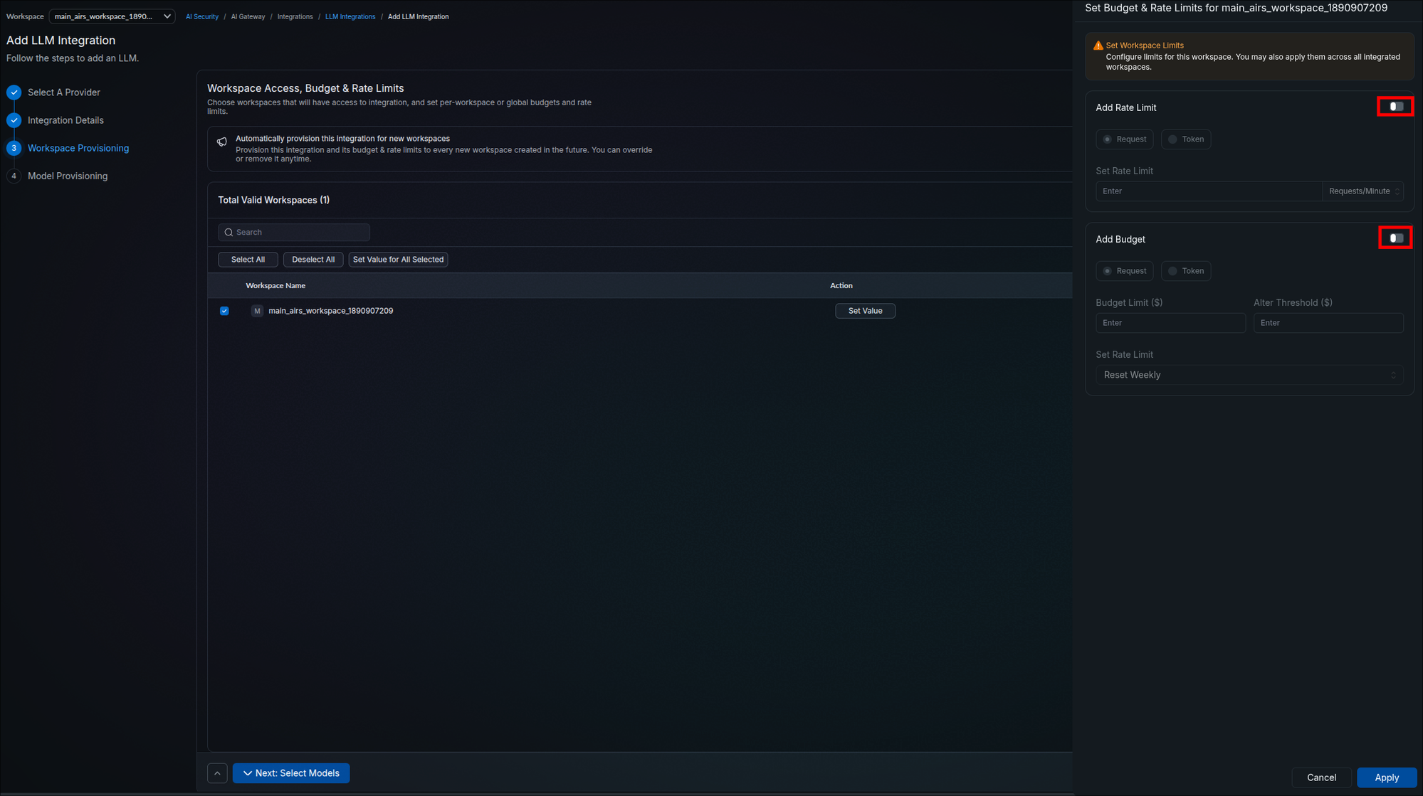 Set Budget and Rate Limits panel for a workspace showing Add Rate Limit and Add Budget toggles, request or token type options, limit fields, and Cancel and Apply buttons