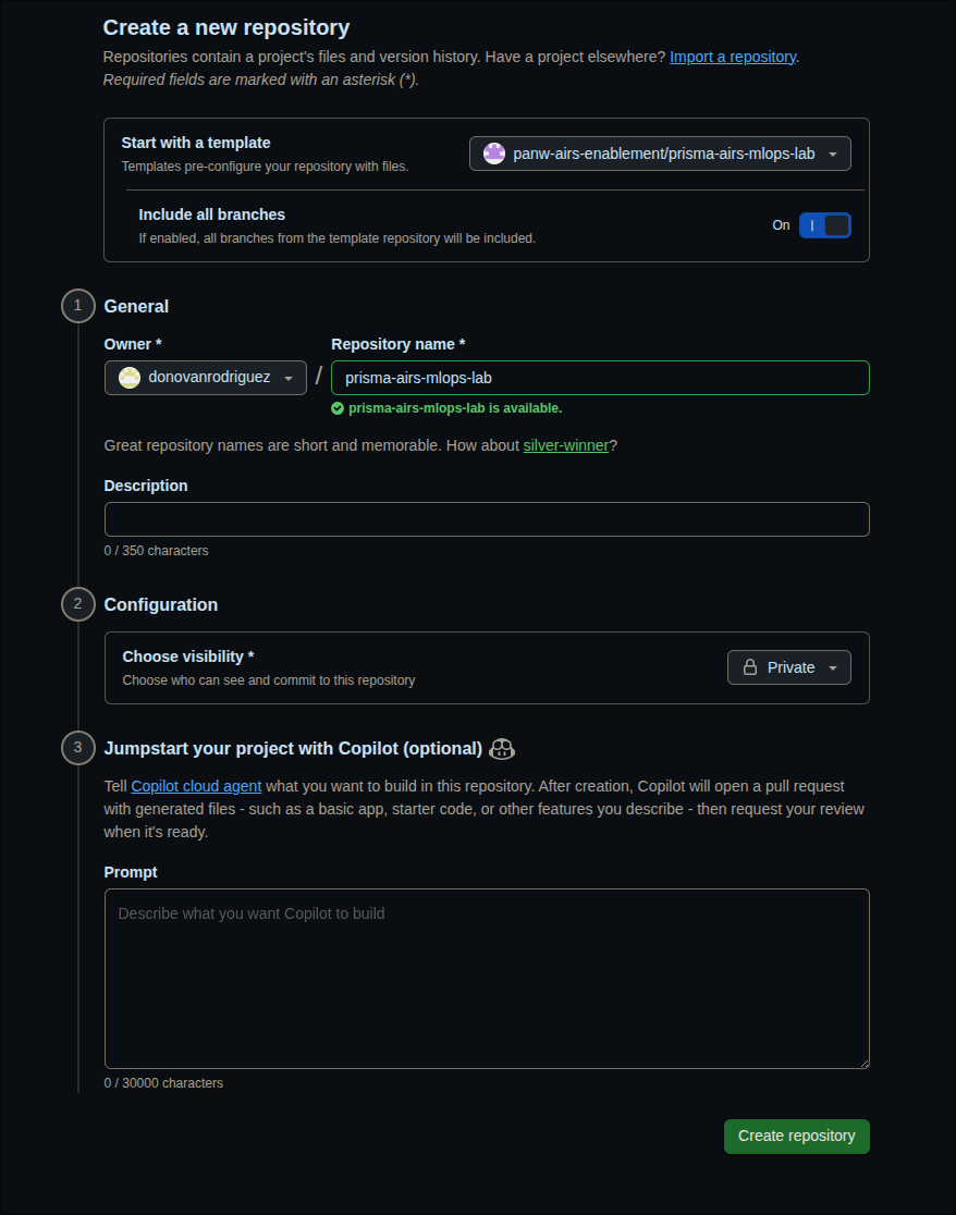 GitHub create repository from template form with Include all branches enabled, your own account as owner, and Private visibility selected